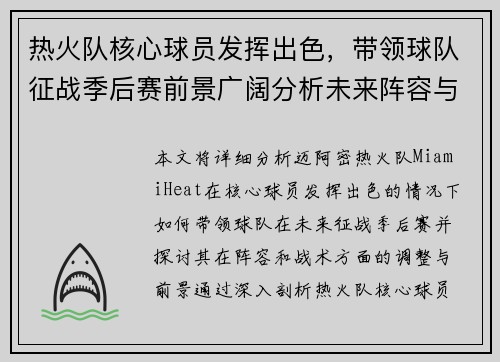 热火队核心球员发挥出色，带领球队征战季后赛前景广阔分析未来阵容与战术调整