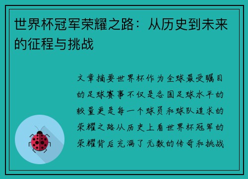 世界杯冠军荣耀之路：从历史到未来的征程与挑战