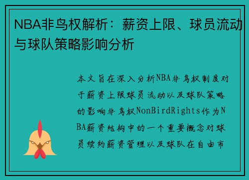 NBA非鸟权解析：薪资上限、球员流动与球队策略影响分析