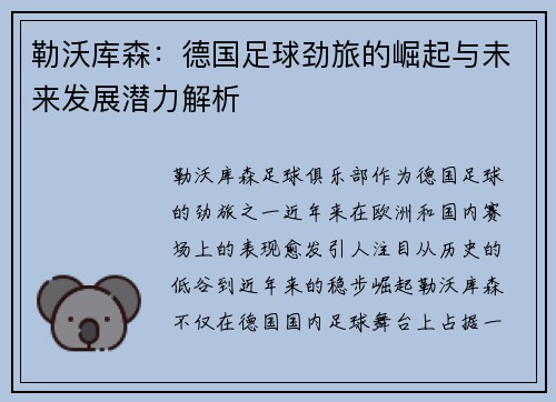 勒沃库森：德国足球劲旅的崛起与未来发展潜力解析